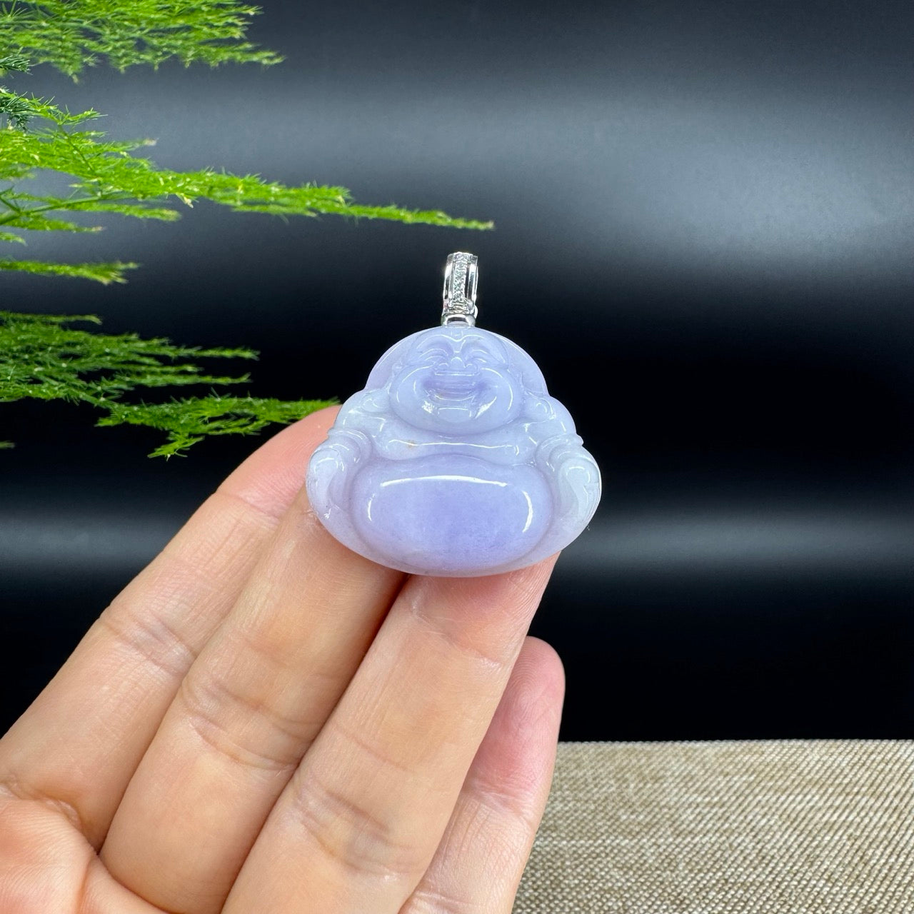 18K White Gold Burmese Lavender Jadeite Jade Happy Buddha Pendant with Diamond