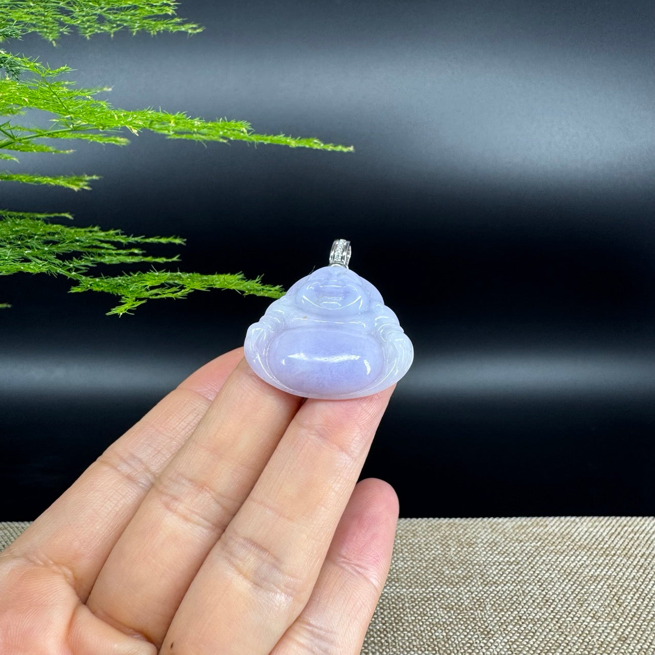 18K White Gold Burmese Lavender Jadeite Jade Happy Buddha Pendant with Diamond