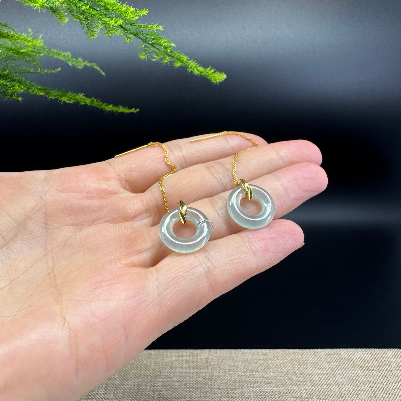 18k Yellow Gold Genuine Icy Green Jadeite Jade Earrings