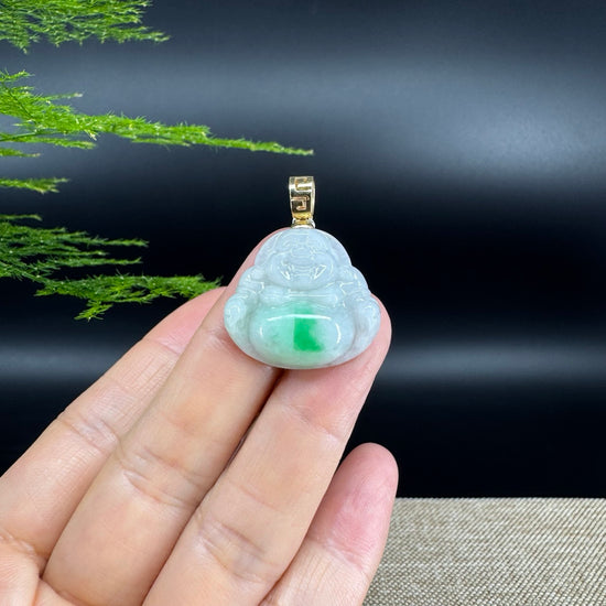 18K Yellow Gold Burmese White Green Jadeite Jade Happy Buddha Pendant