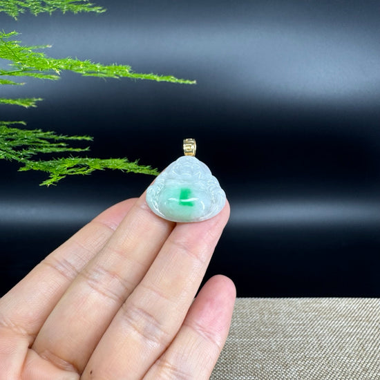 18K Yellow Gold Burmese White Green Jadeite Jade Happy Buddha Pendant