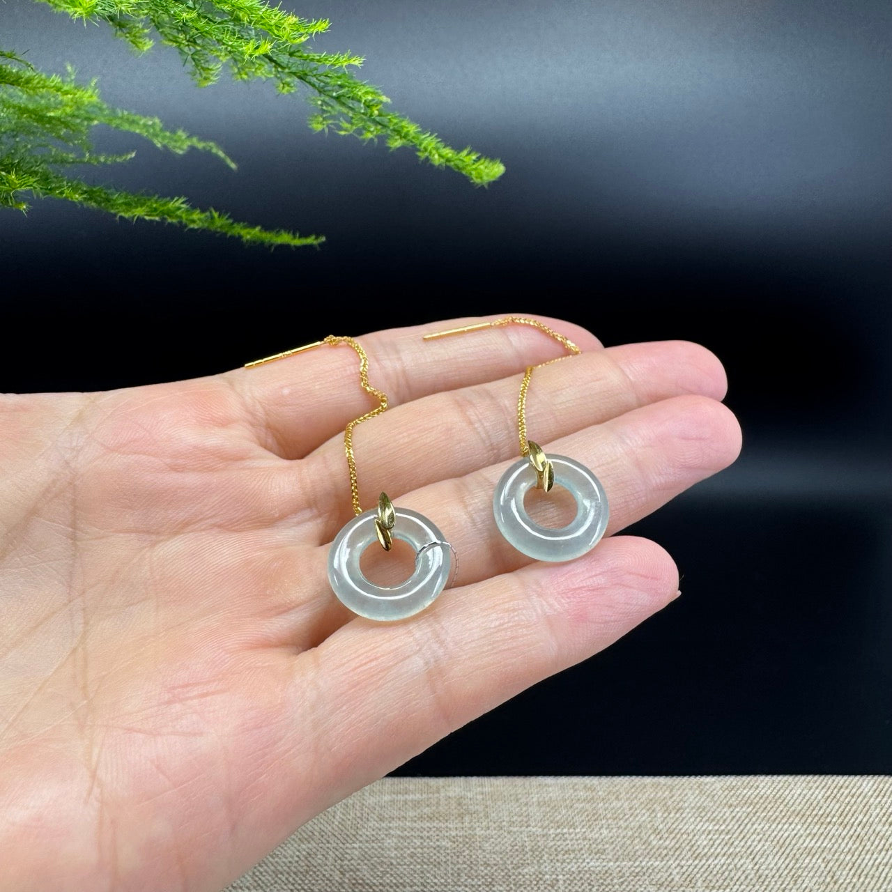 18k Yellow Gold Genuine Icy Green Jadeite Jade Earrings