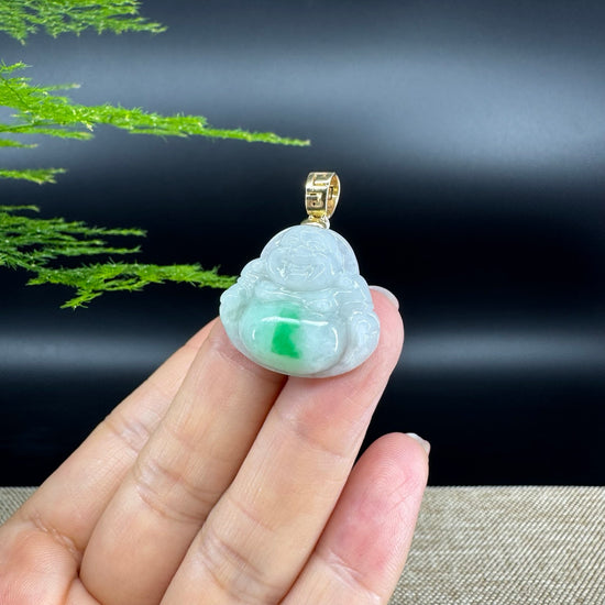 18K Yellow Gold Burmese White Green Jadeite Jade Happy Buddha Pendant