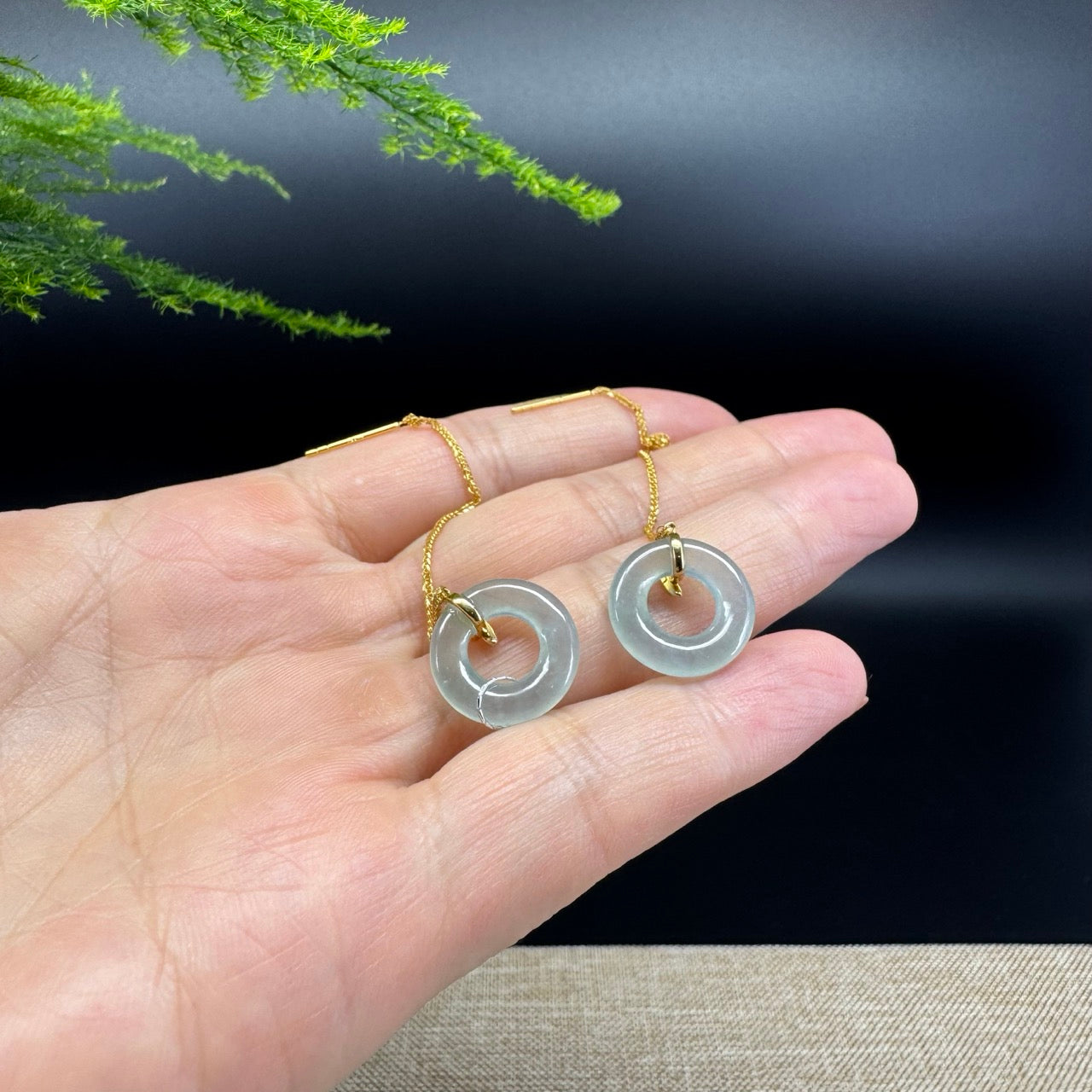 18k Yellow Gold Genuine Icy Green Jadeite Jade Earrings