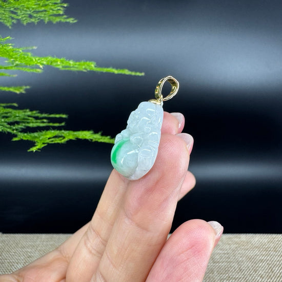 18K Yellow Gold Burmese White Green Jadeite Jade Happy Buddha Pendant