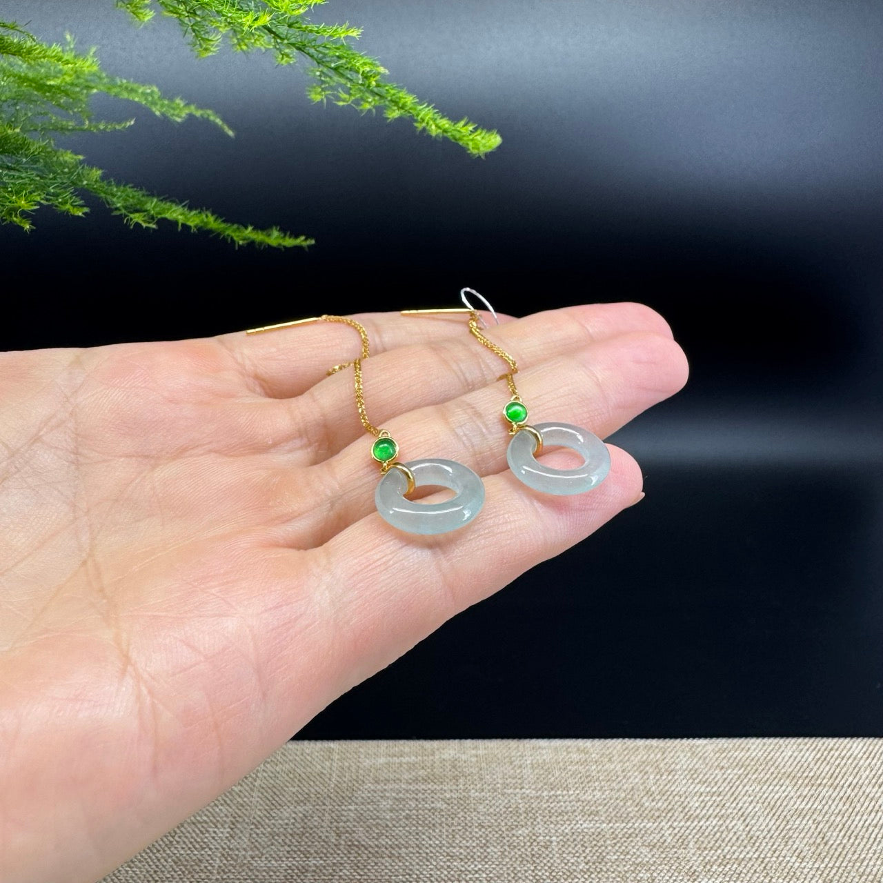 18k Yellow Gold Genuine Icy Green Jadeite Jade Earrings