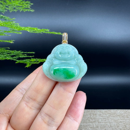 Genuine Burmese Green Jadeite Jade Happy Buddha Pendant with Diamond Bail