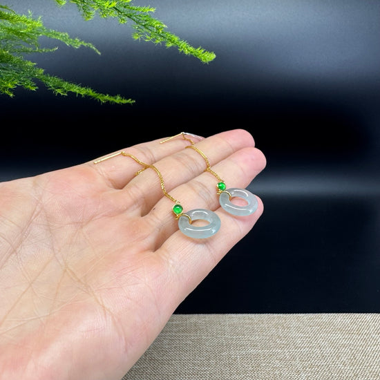 18k Yellow Gold Genuine Icy Green Jadeite Jade Earrings