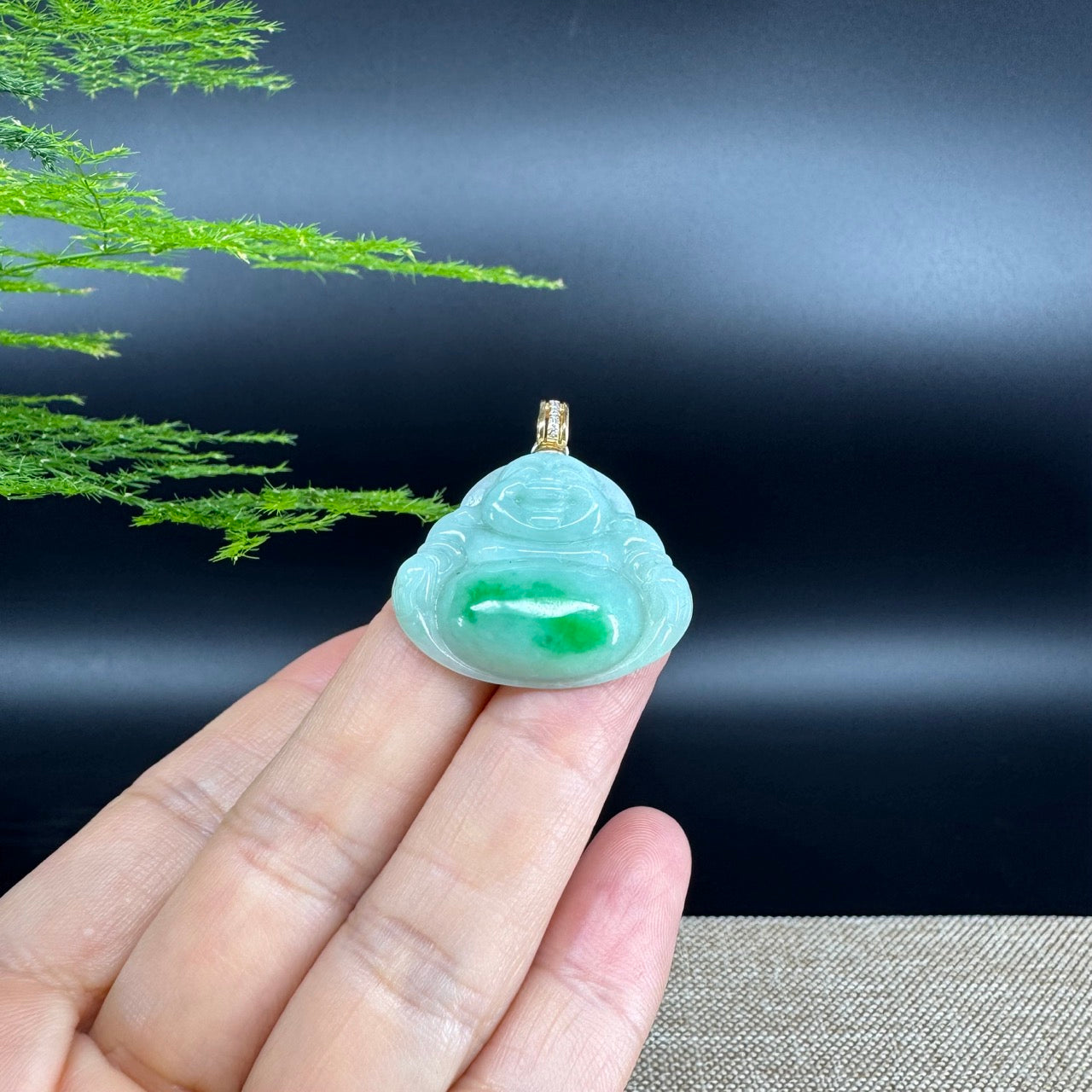 Genuine Burmese Green Jadeite Jade Happy Buddha Pendant with Diamond Bail