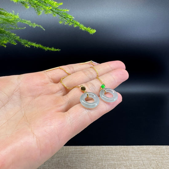 18k Yellow Gold Genuine Icy Green Jadeite Jade Earrings