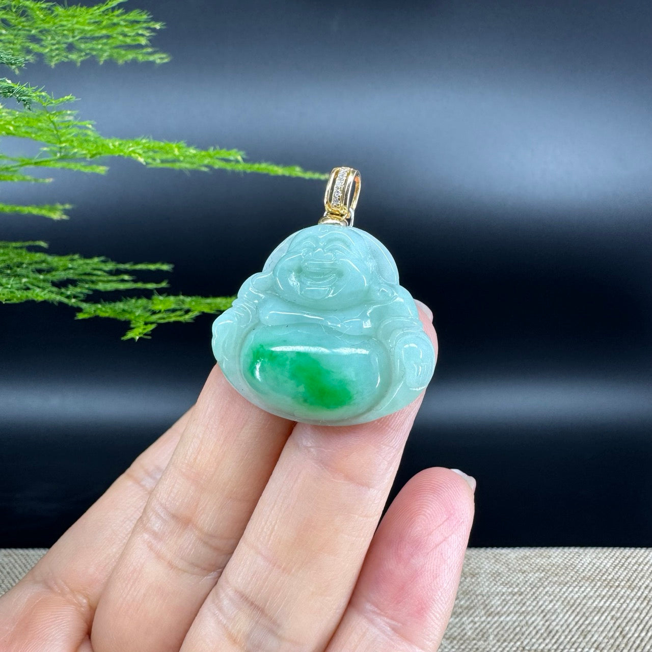 Genuine Burmese Green Jadeite Jade Happy Buddha Pendant with Diamond Bail