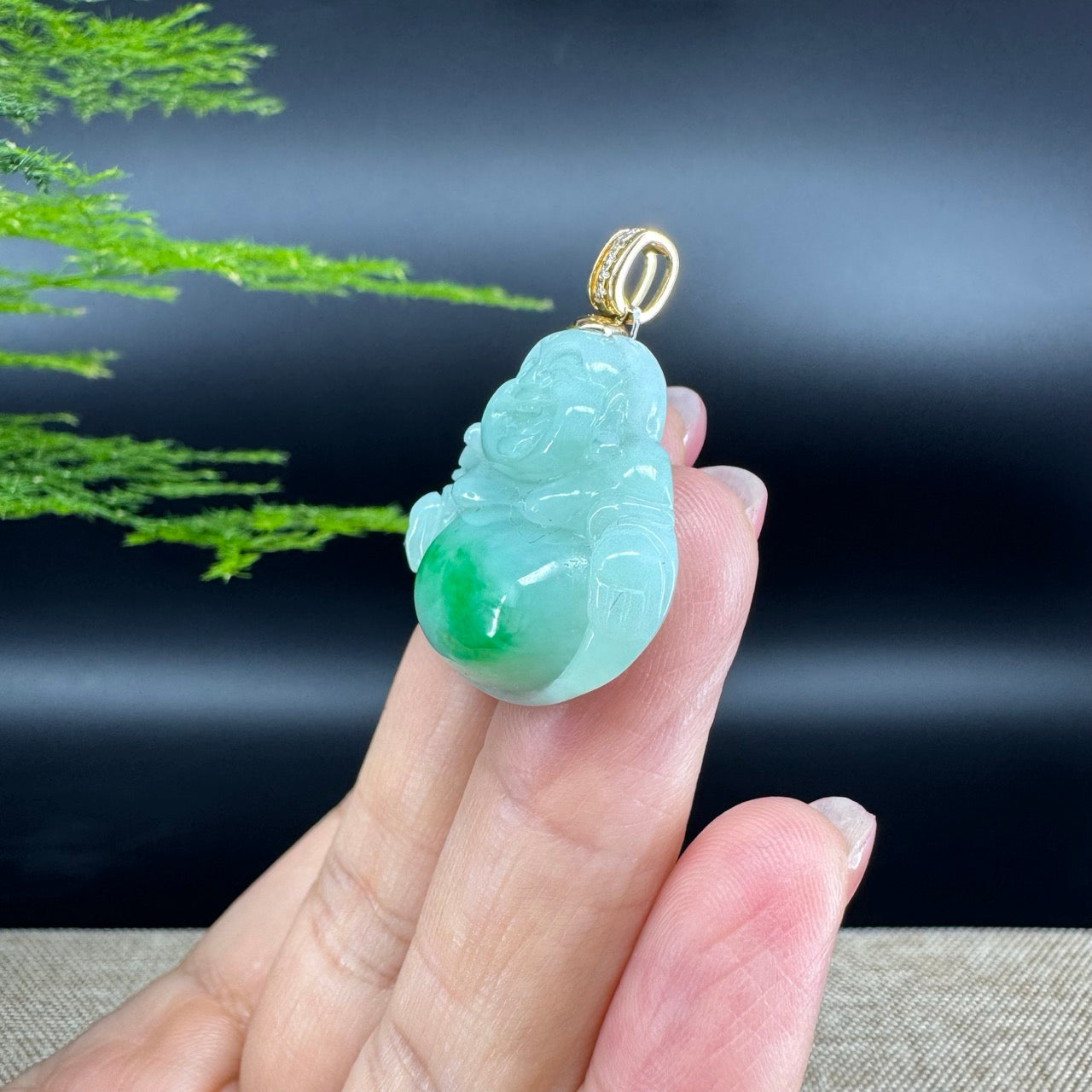 Genuine Burmese Green Jadeite Jade Happy Buddha Pendant with Diamond Bail