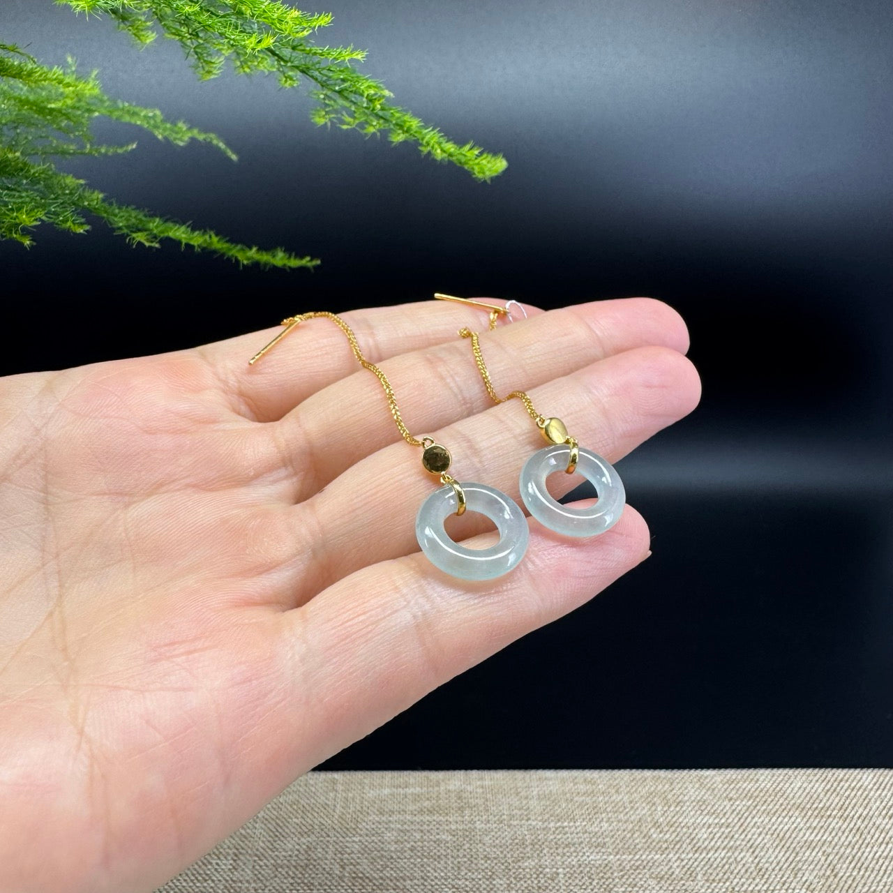 18k Yellow Gold Genuine Icy Green Jadeite Jade Earrings