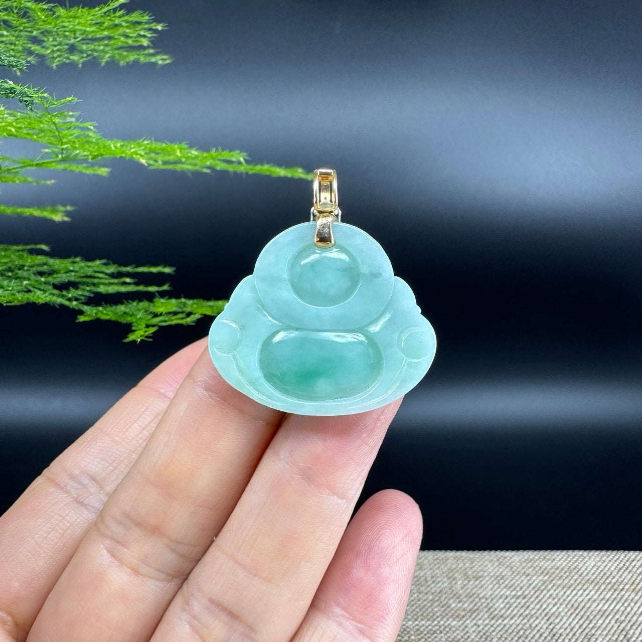Genuine Burmese Green Jadeite Jade Happy Buddha Pendant with Diamond Bail