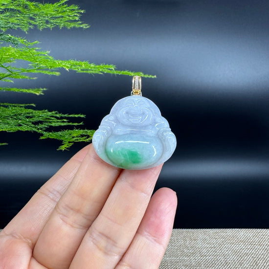 Burmese White Green Jadeite Jade Happy Buddha Pendant