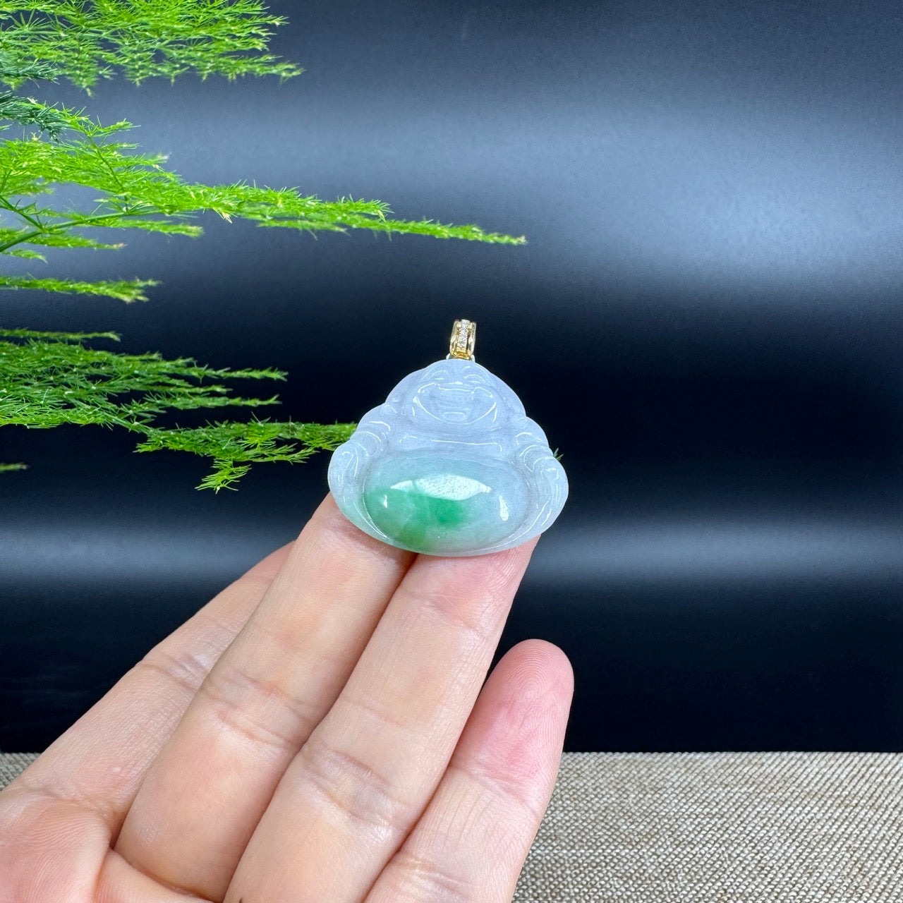 Burmese White Green Jadeite Jade Happy Buddha Pendant