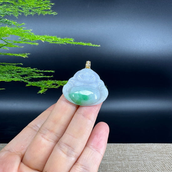 Burmese White Green Jadeite Jade Happy Buddha Pendant