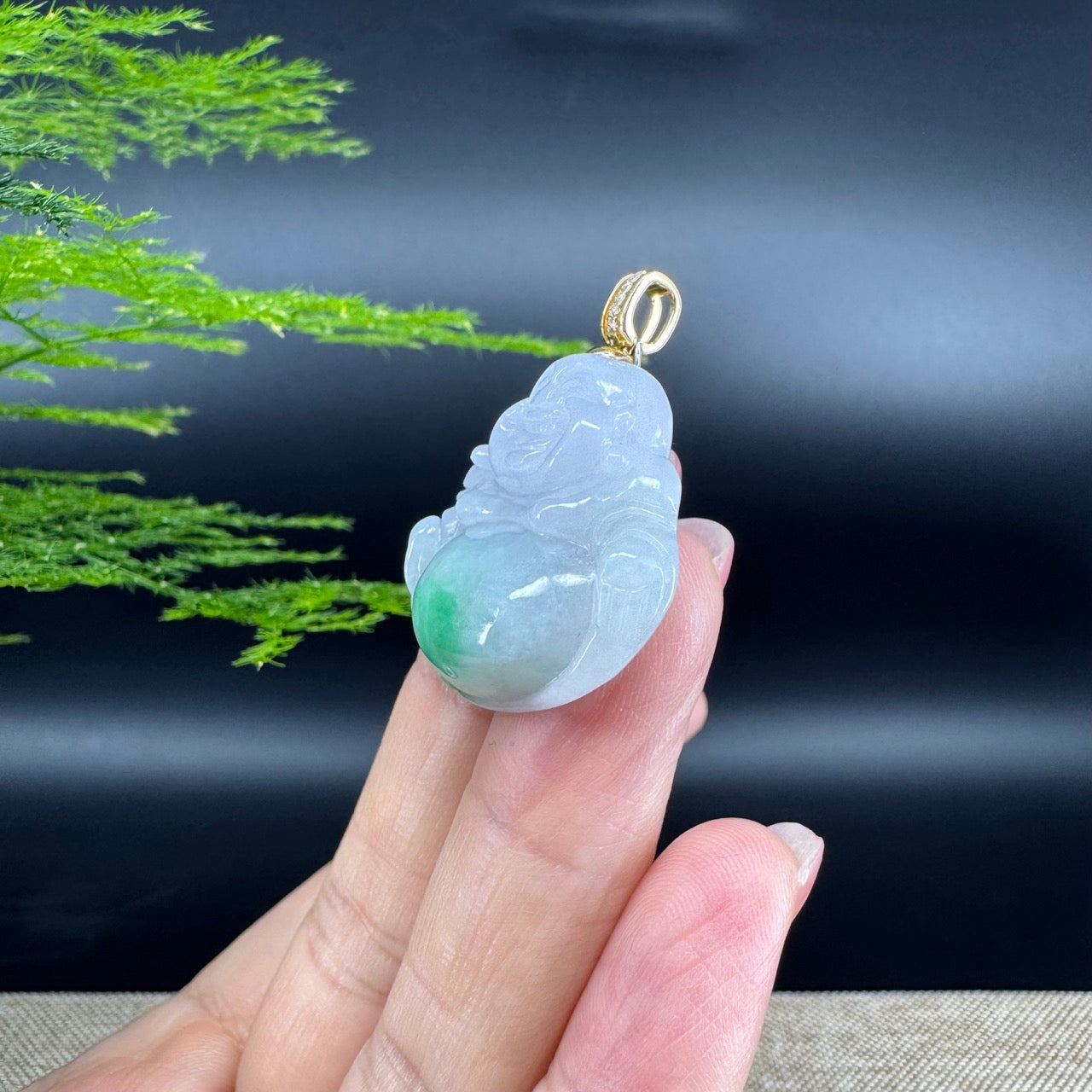 Burmese White Green Jadeite Jade Happy Buddha Pendant