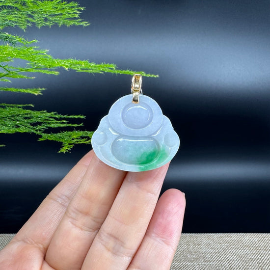 Burmese White Green Jadeite Jade Happy Buddha Pendant