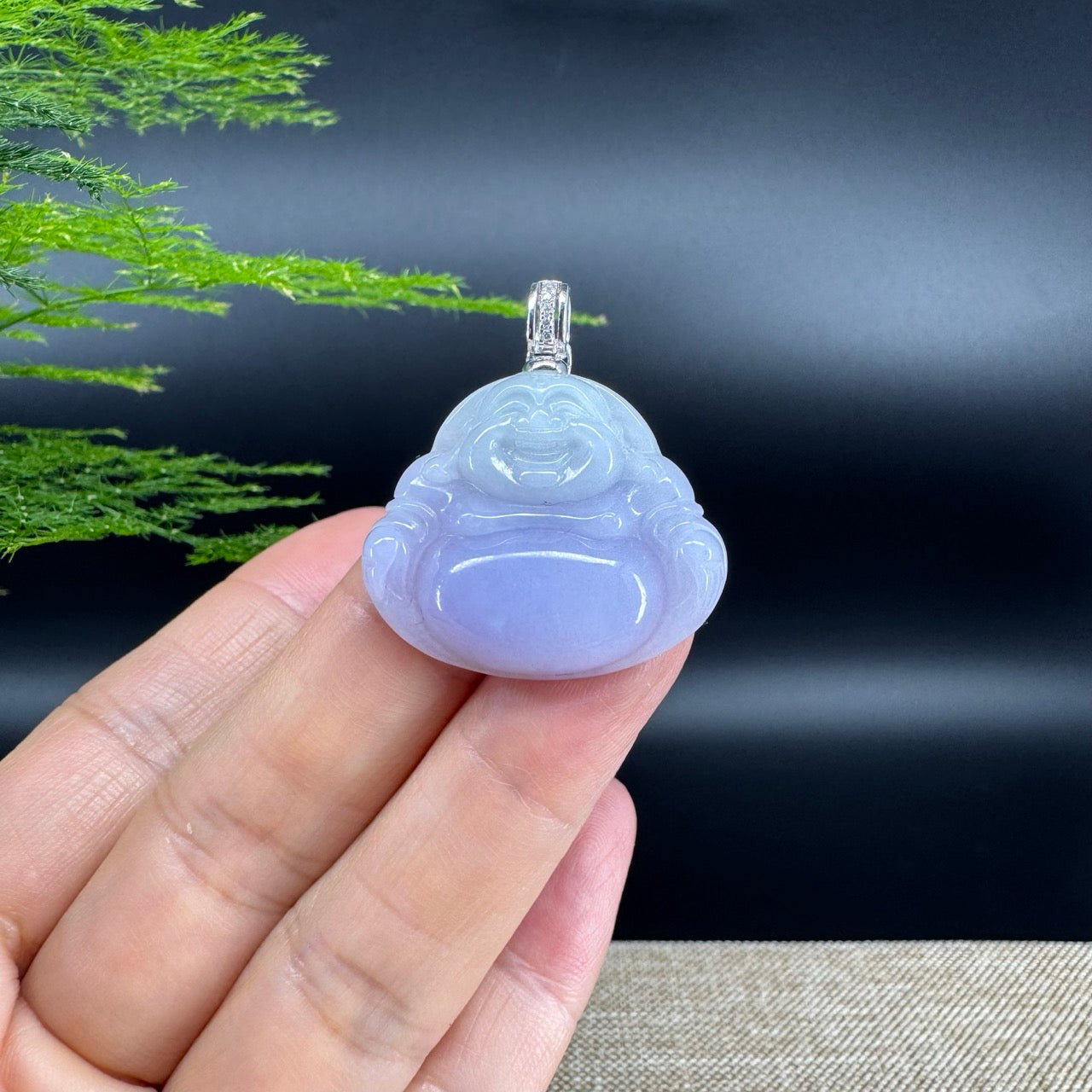 Burmese Lavender Jadeite Jade Happy Buddha Pendant with Diamond Bail