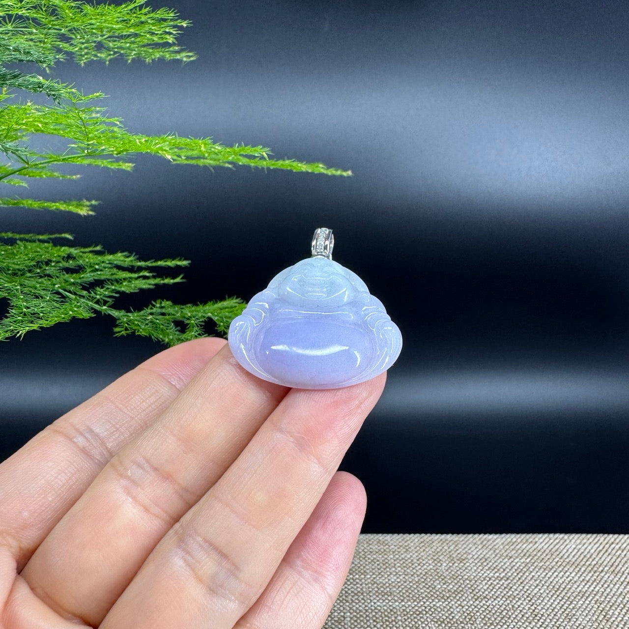 Burmese Lavender Jadeite Jade Happy Buddha Pendant with Diamond Bail