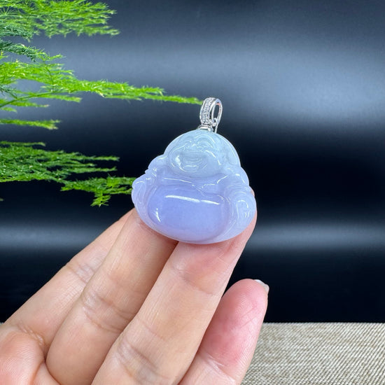 Burmese Lavender Jadeite Jade Happy Buddha Pendant with Diamond Bail