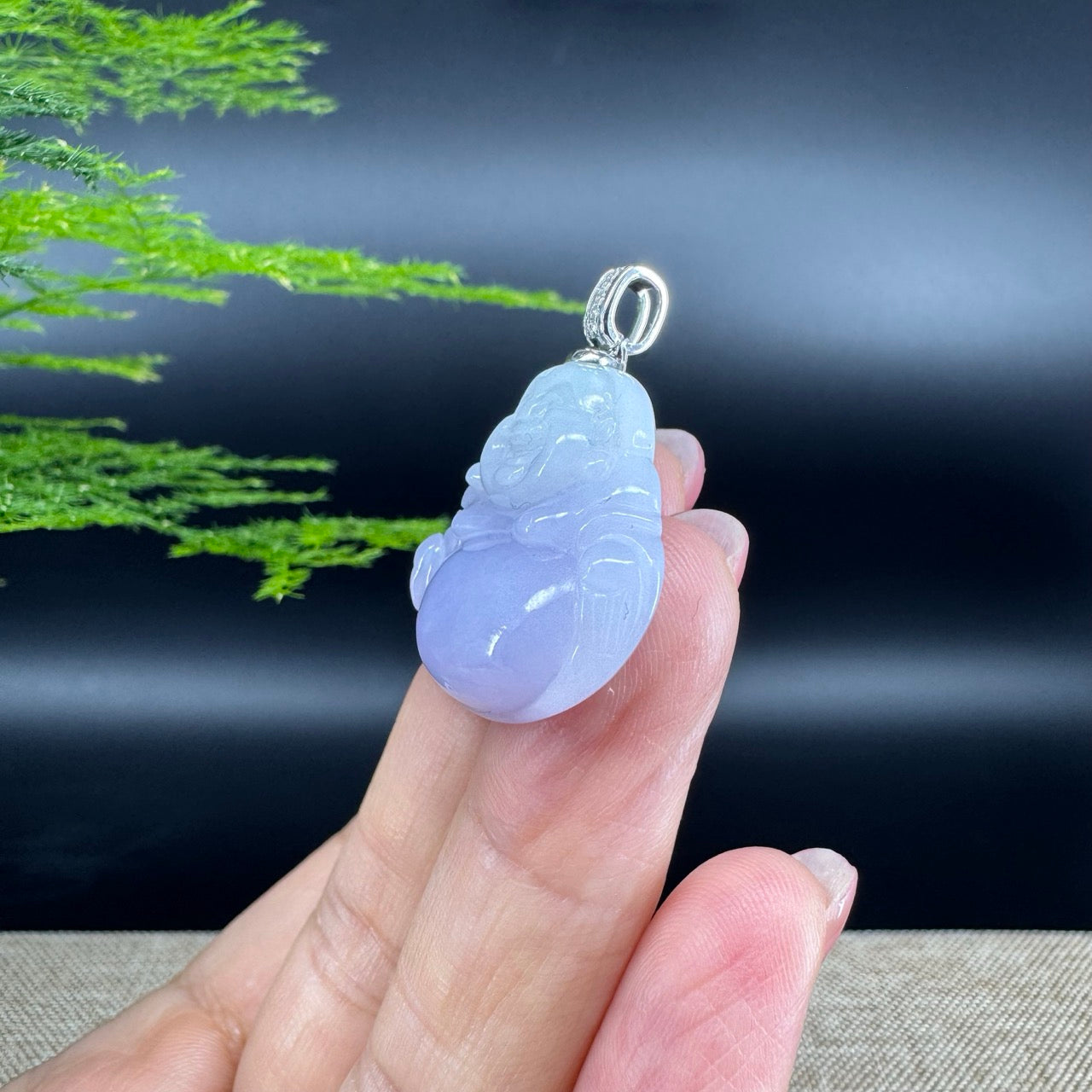 Burmese Lavender Jadeite Jade Happy Buddha Pendant with Diamond Bail