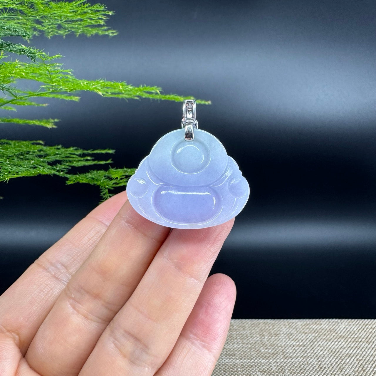 Burmese Lavender Jadeite Jade Happy Buddha Pendant with Diamond Bail