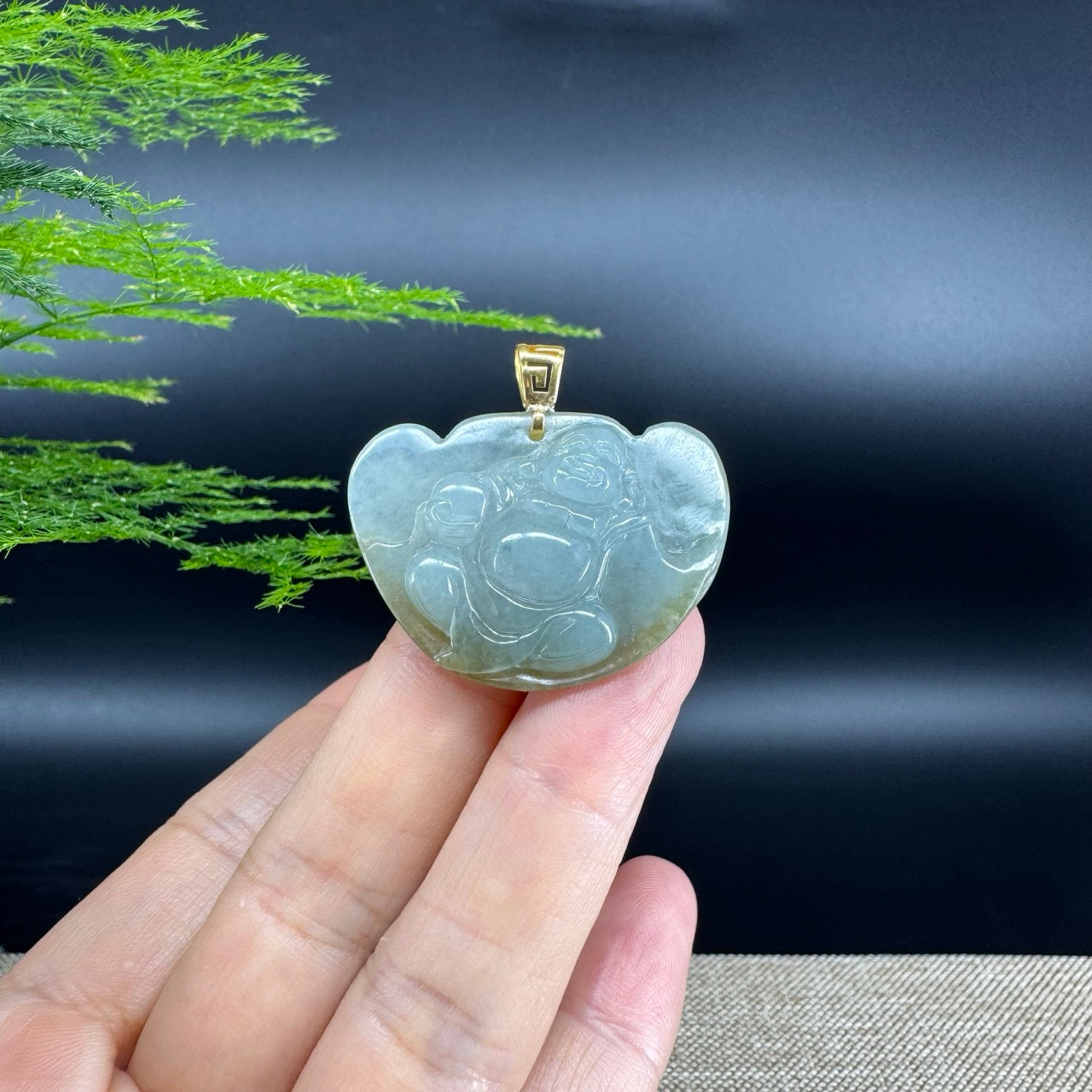 Burmese Green Jadeite Jade Happy Buddha Pendant With 18K Gold Bail
