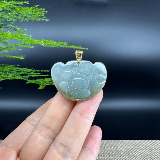 Burmese Green Jadeite Jade Happy Buddha Pendant With 18K Gold Bail