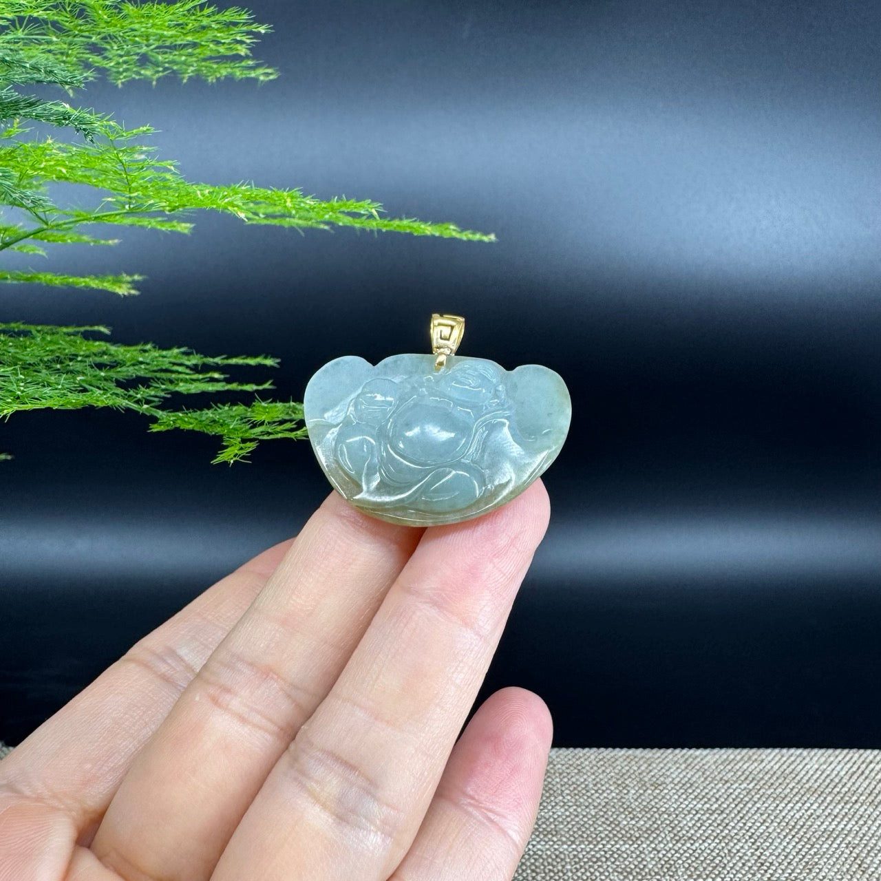 Burmese Green Jadeite Jade Happy Buddha Pendant With 18K Gold Bail
