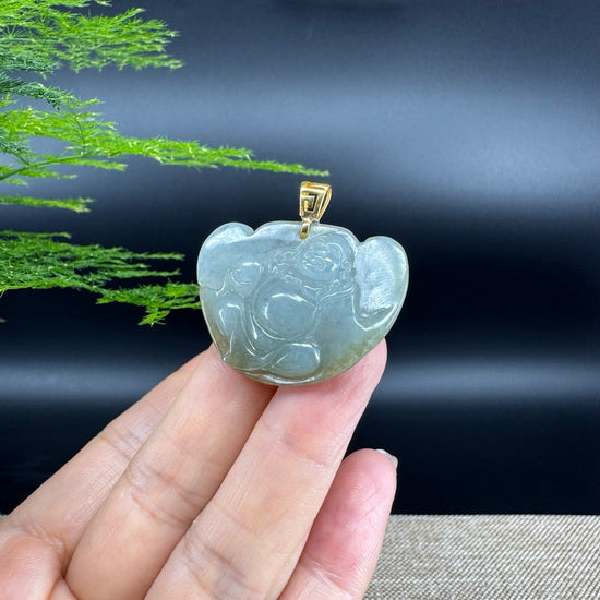 Burmese Green Jadeite Jade Happy Buddha Pendant With 18K Gold Bail