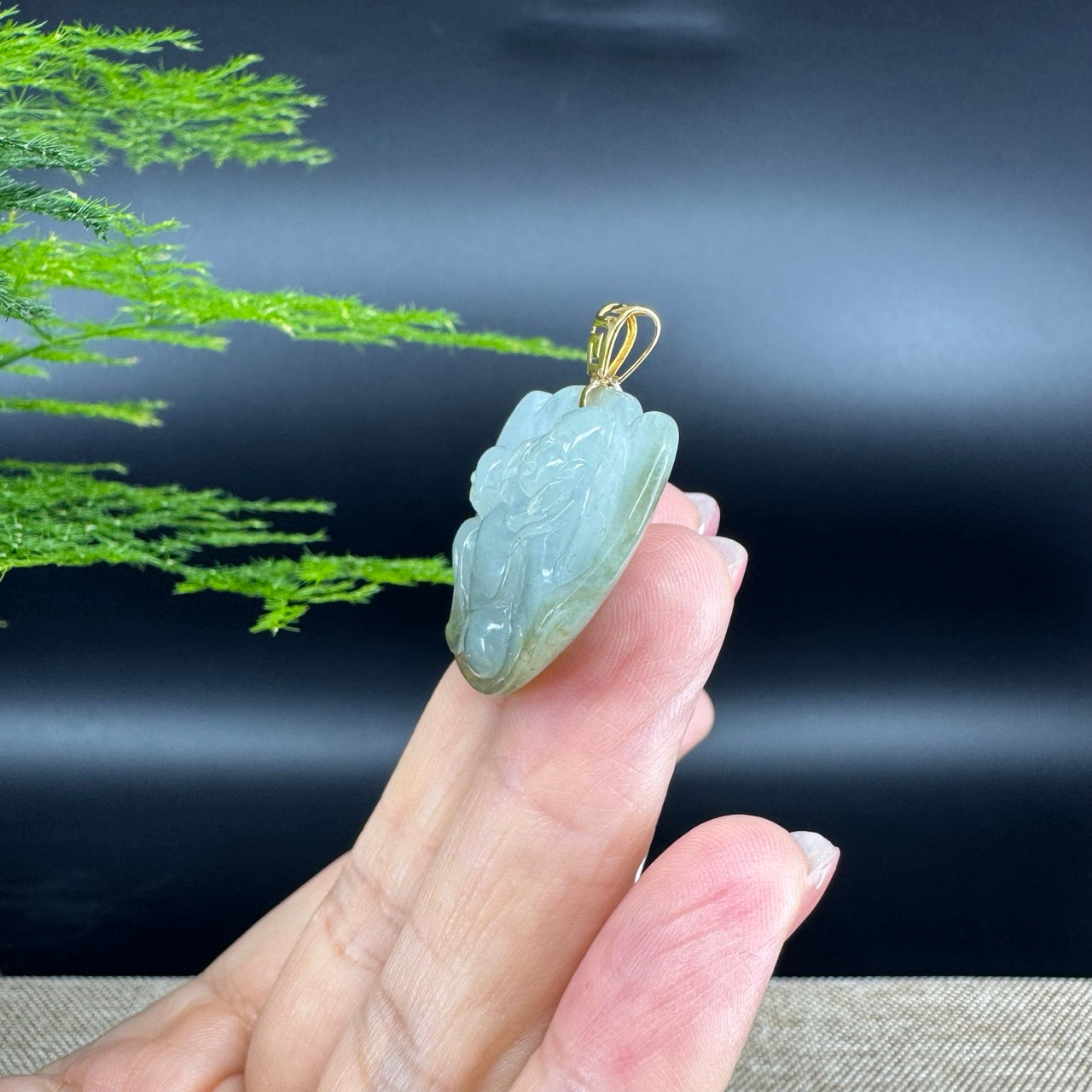 Burmese Green Jadeite Jade Happy Buddha Pendant With 18K Gold Bail