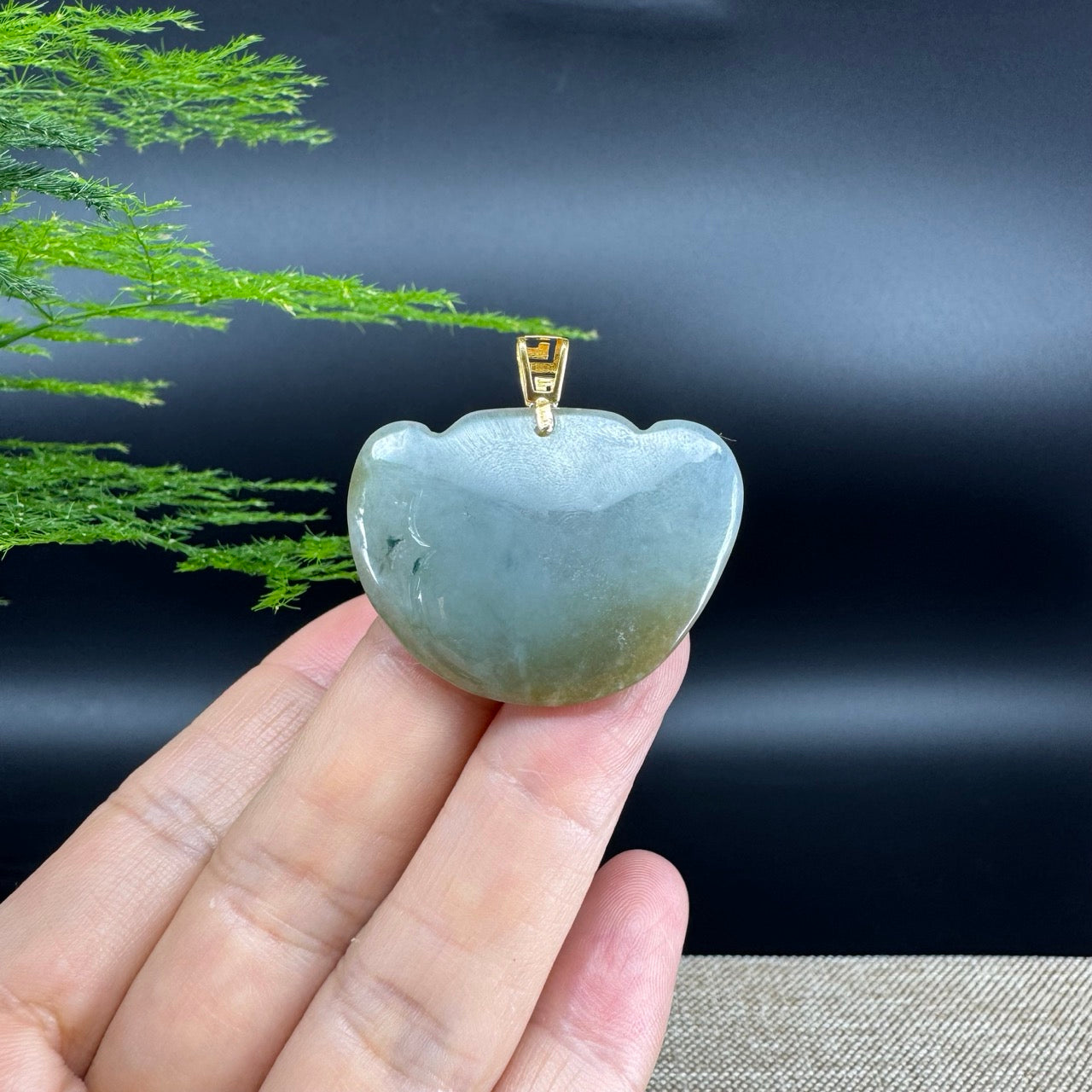 Burmese Green Jadeite Jade Happy Buddha Pendant With 18K Gold Bail