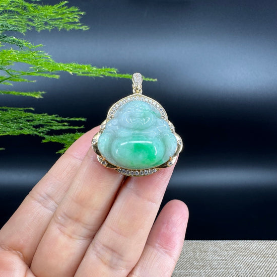 High-end 18K Yellow Gold Burmese White Green Jadeite Jade Happy Buddha Pendant with Diamond