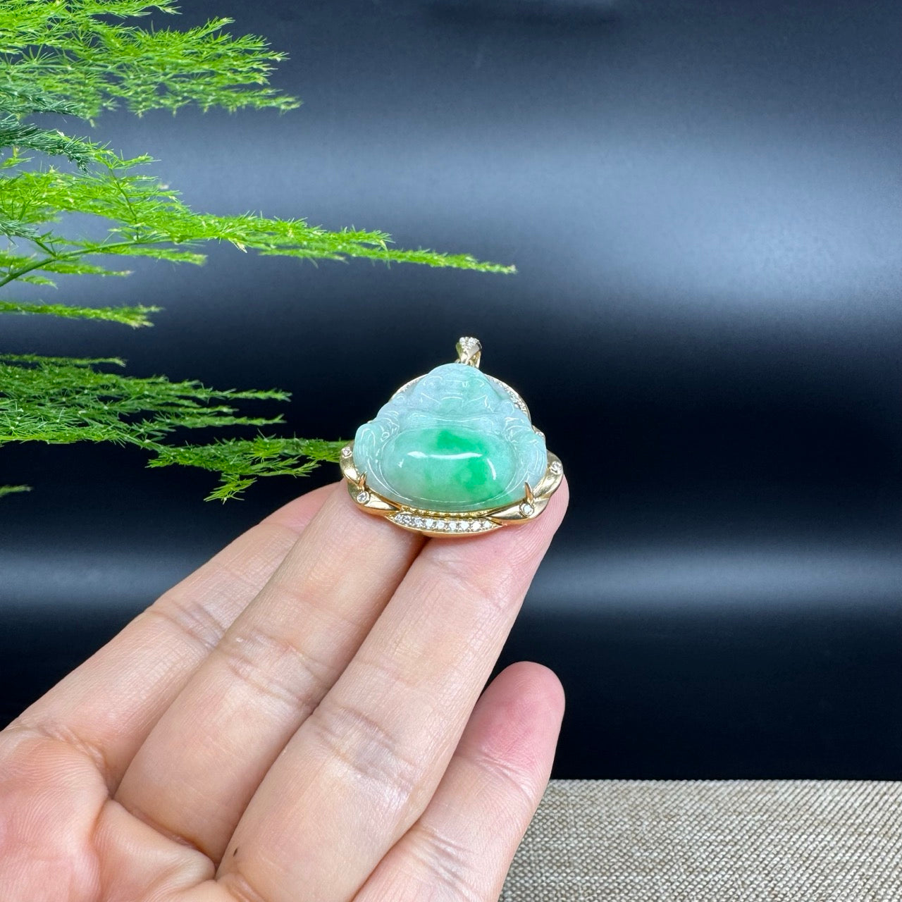 High-end 18K Yellow Gold Burmese White Green Jadeite Jade Happy Buddha Pendant with Diamond