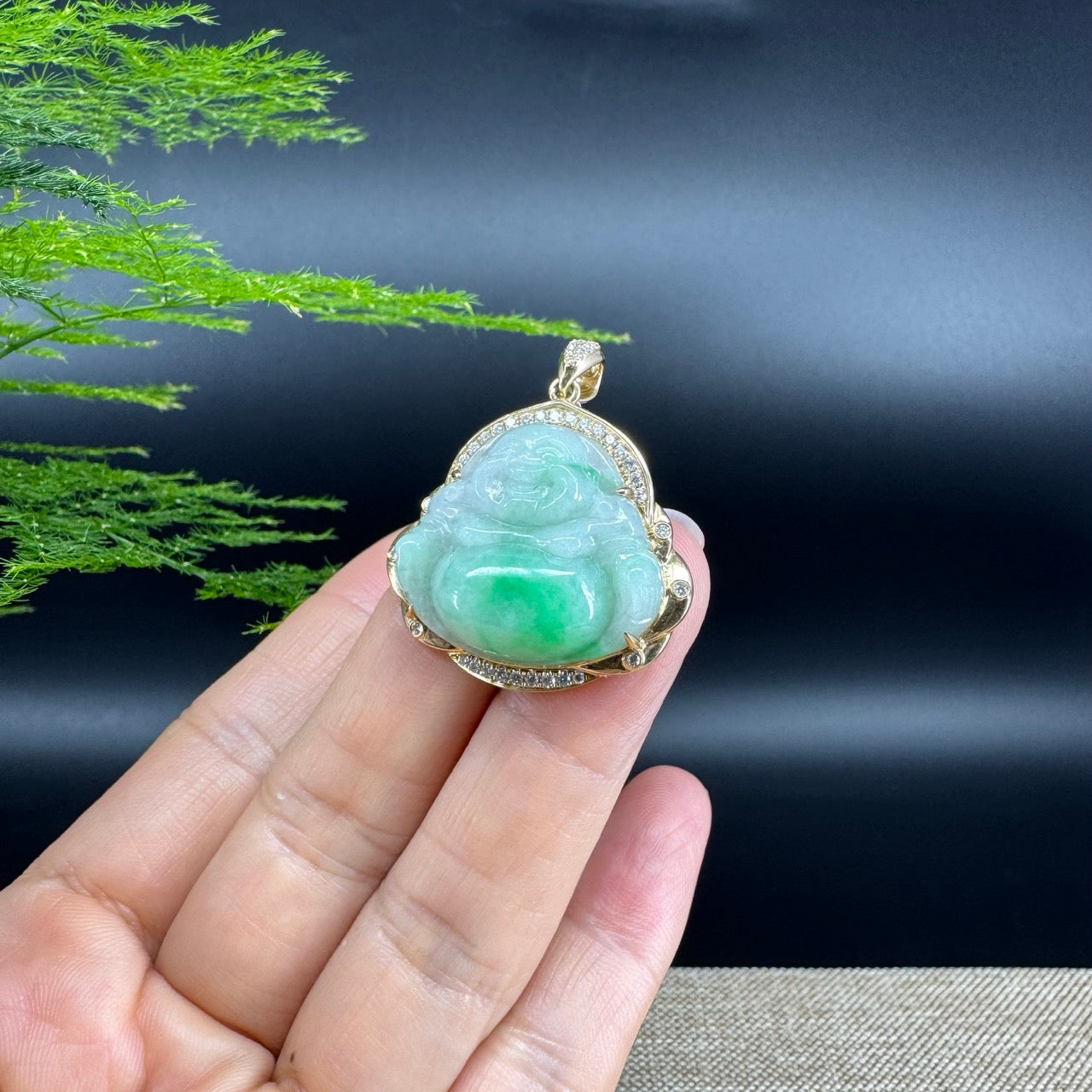 High-end 18K Yellow Gold Burmese White Green Jadeite Jade Happy Buddha Pendant with Diamond