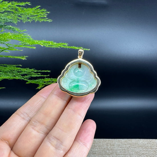 High-end 18K Yellow Gold Burmese White Green Jadeite Jade Happy Buddha Pendant with Diamond