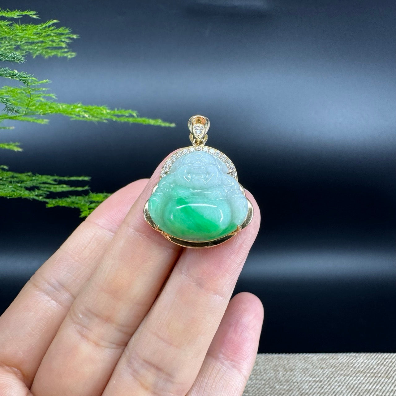 18K Yellow Gold Burmese White Green Jadeite Jade Happy Buddha Pendant with Diamond
