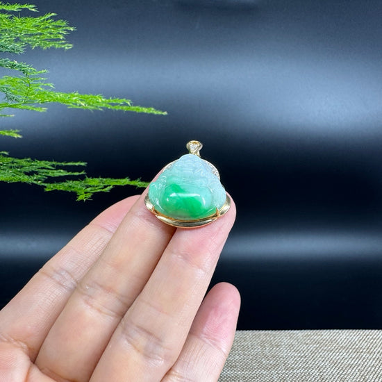 18K Yellow Gold Burmese White Green Jadeite Jade Happy Buddha Pendant with Diamond