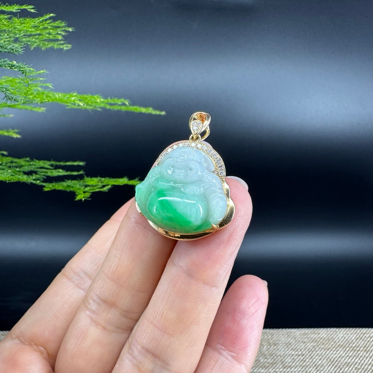 18K Yellow Gold Burmese White Green Jadeite Jade Happy Buddha Pendant with Diamond