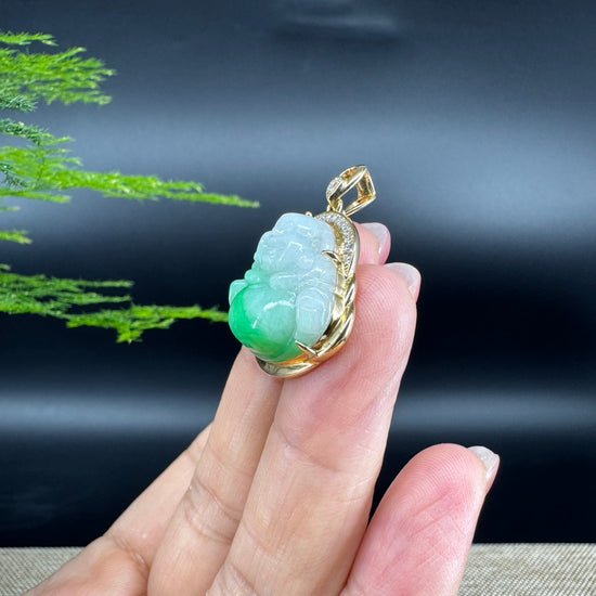 18K Yellow Gold Burmese White Green Jadeite Jade Happy Buddha Pendant with Diamond