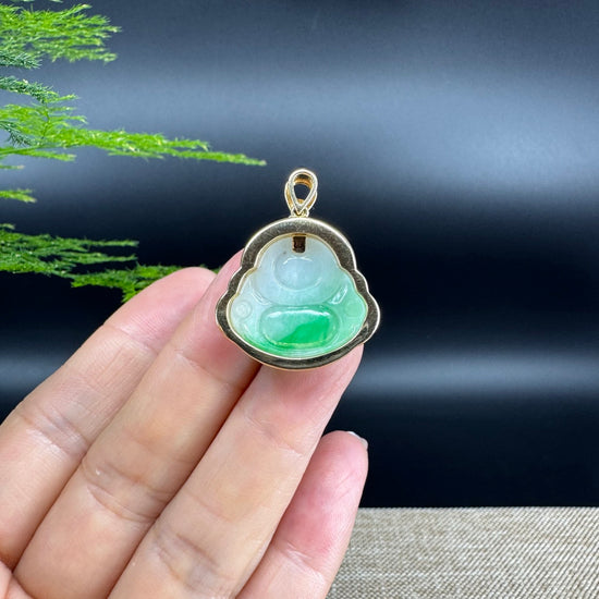 18K Yellow Gold Burmese White Green Jadeite Jade Happy Buddha Pendant with Diamond
