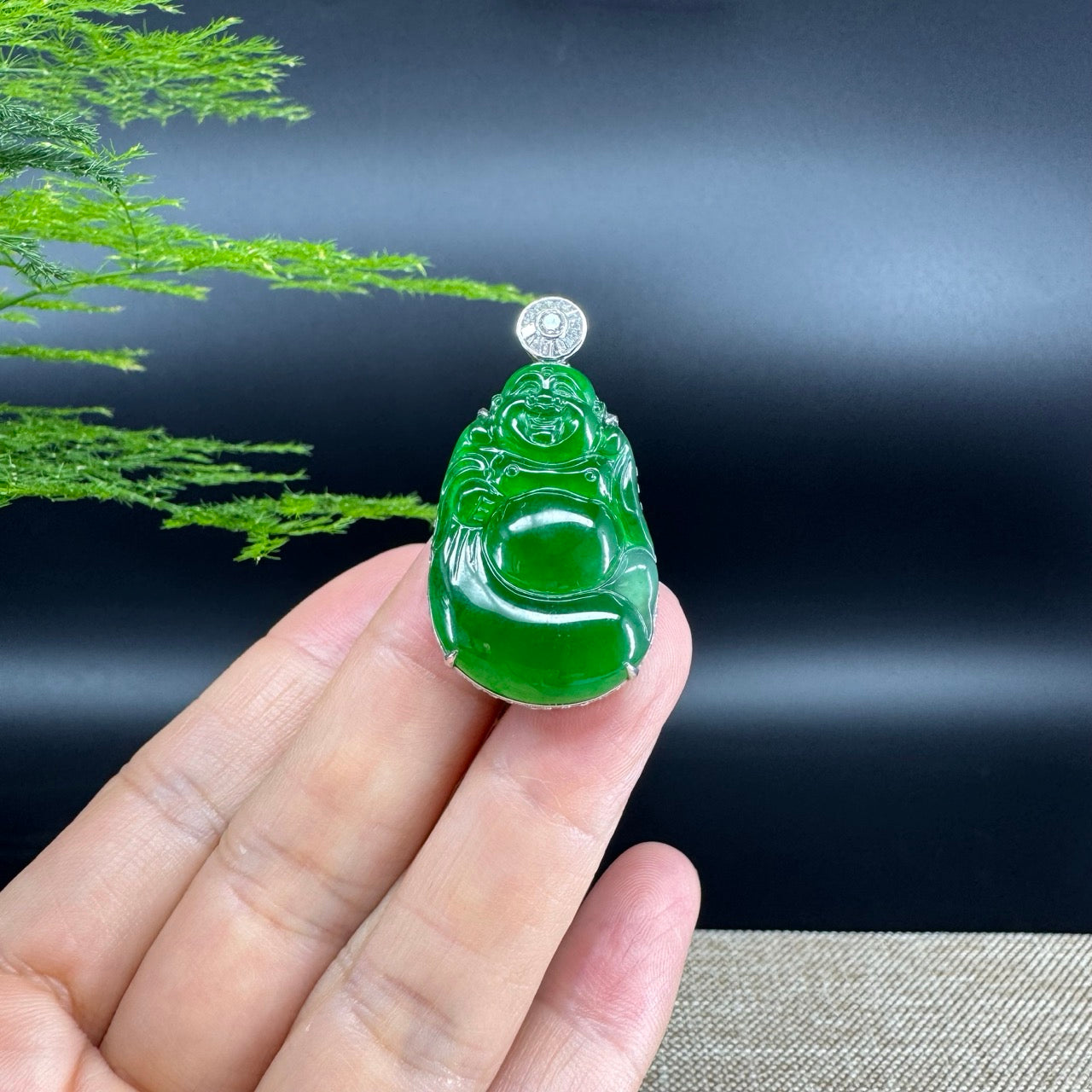 High-end 18K White Gold Guatemala Green Jadeite Jade Happy Buddha Pendant with Diamond