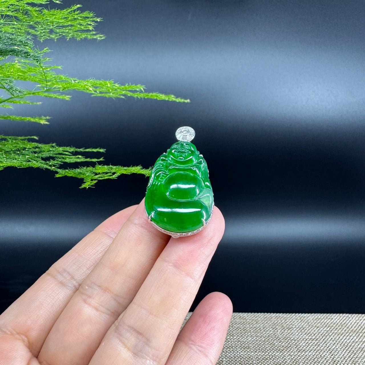 High-end 18K White Gold Guatemala Green Jadeite Jade Happy Buddha Pendant with Diamond