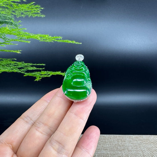 High-end 18K White Gold Guatemala Green Jadeite Jade Happy Buddha Pendant with Diamond