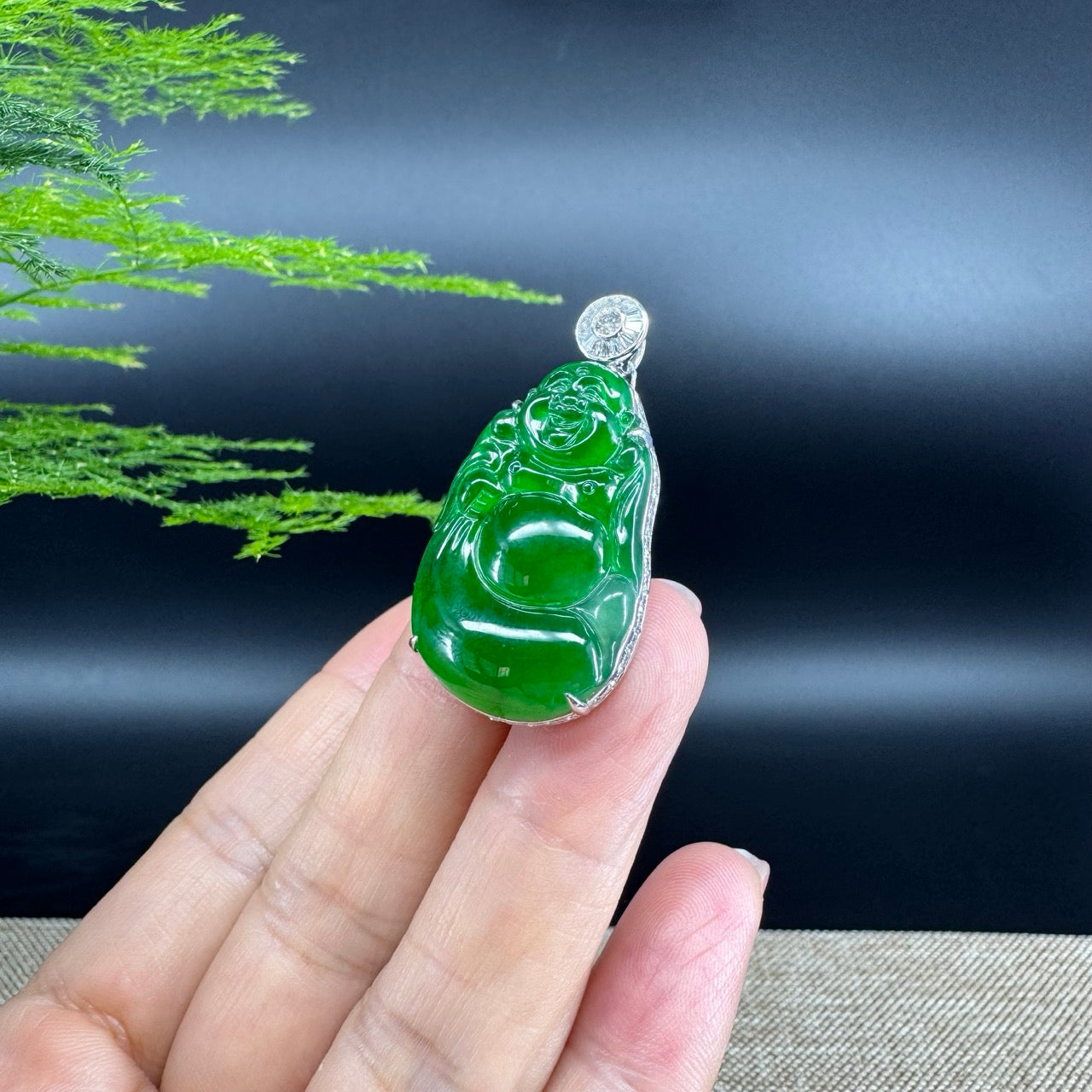 High-end 18K White Gold Guatemala Green Jadeite Jade Happy Buddha Pendant with Diamond