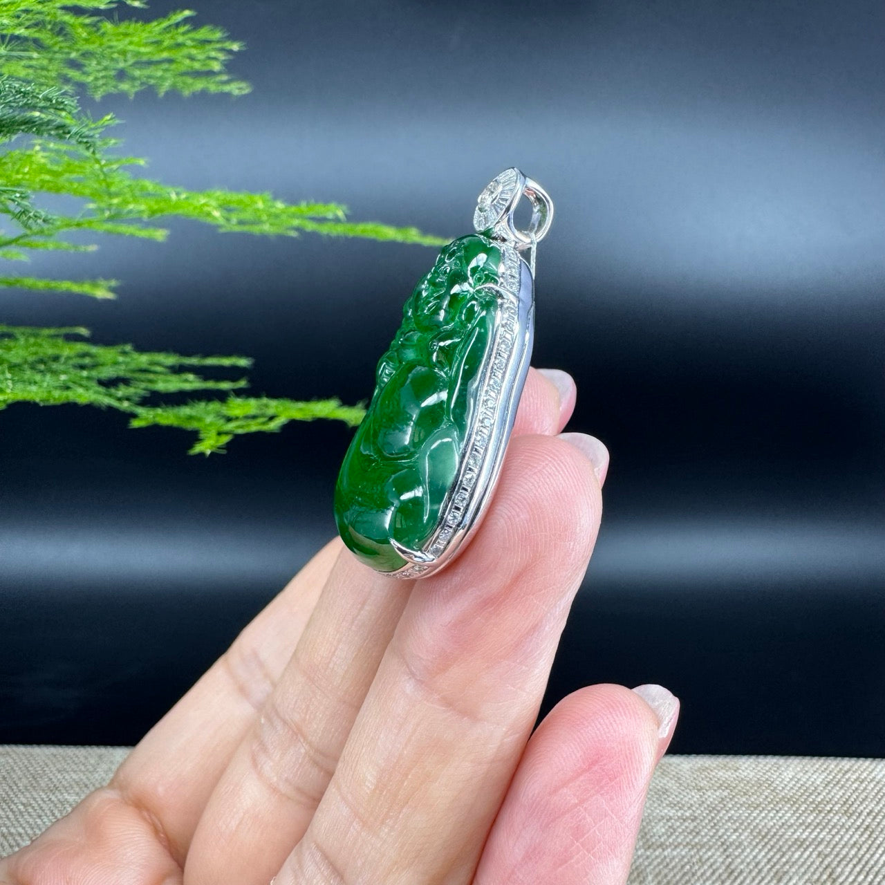 High-end 18K White Gold Guatemala Green Jadeite Jade Happy Buddha Pendant with Diamond