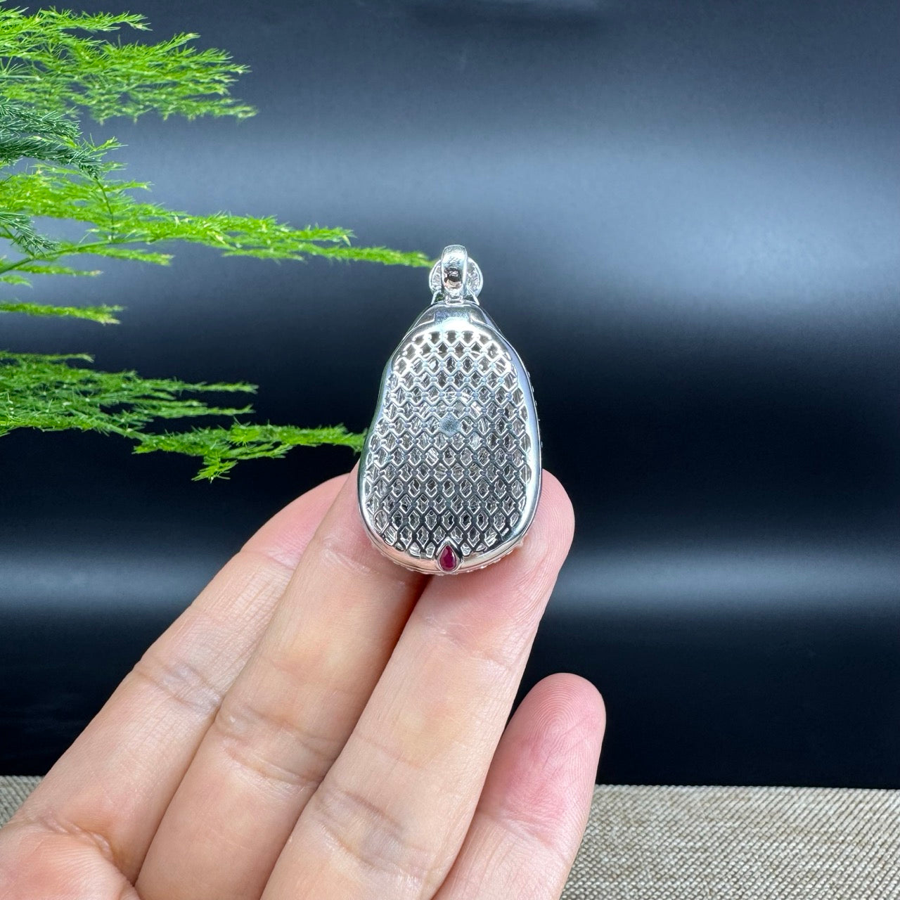 High-end 18K White Gold Guatemala Green Jadeite Jade Happy Buddha Pendant with Diamond