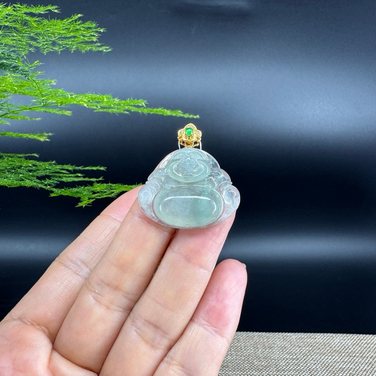 18K Yellow Gold Burmese Icy Green Jadeite Jade Happy Buddha Pendant